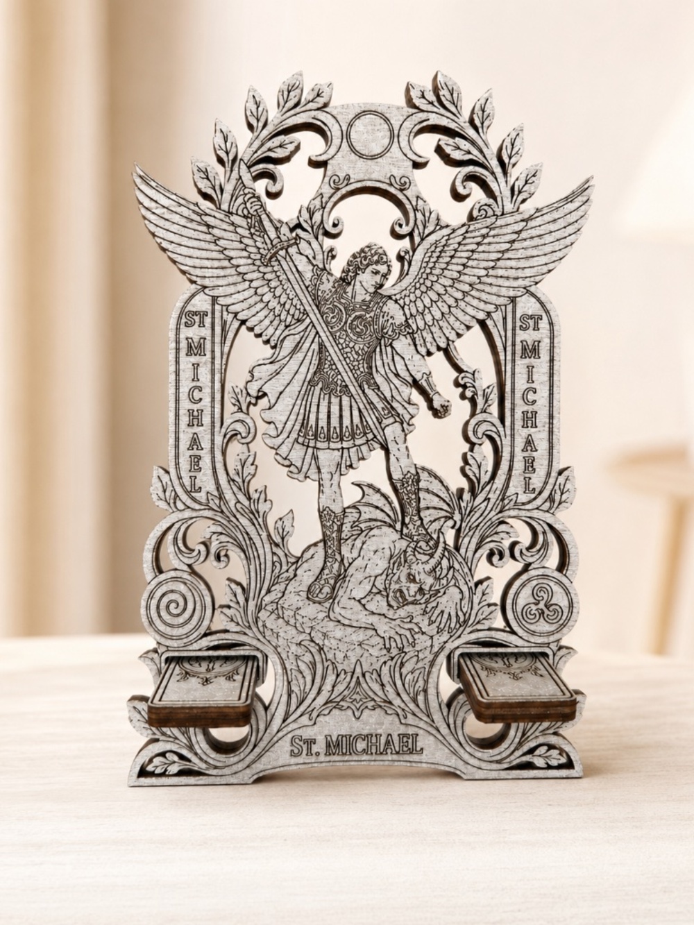 St. Michael Wooden Phone Stand, Archangel Catholic Desk and Prayer Room Decor